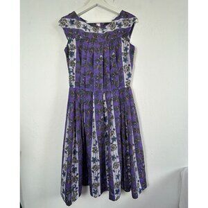 Vintage Gay Gibson Womens Purple Floral Butterfly Print Pleated A-Line Dress